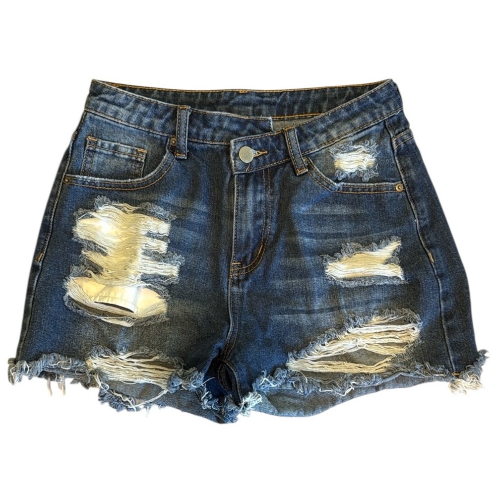 High Rise Distressed Asymmetrical Waist Jean Shorts
